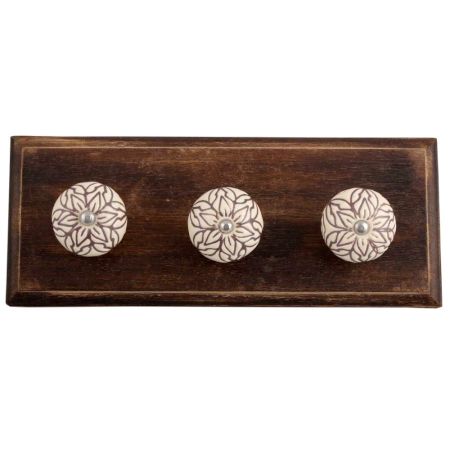 Cream Amarylis Floral Etched Ceramic Wooden Hooks